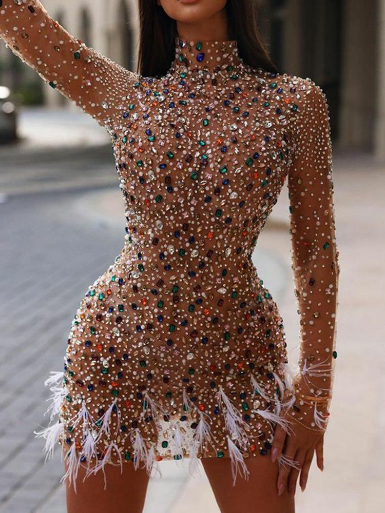 Banquet Long Sleeves Beaded See-Through Feathers Statement Mini Dresses