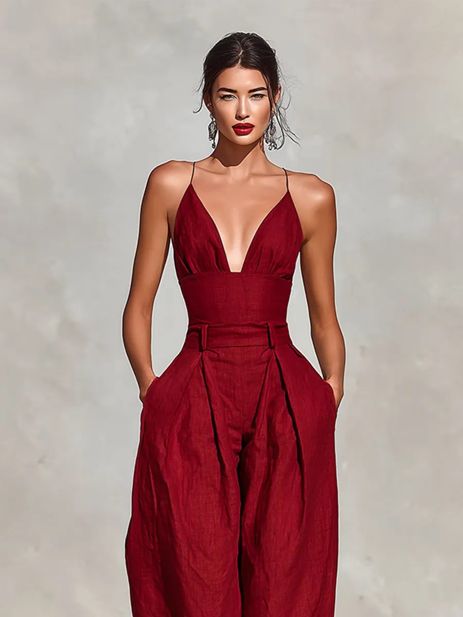 Women's Red Linen Jumpsuit With Spaghetti Straps & High-Waisted Pleated Pants, Timeless Romantic-Elegant Style Jumpsuit