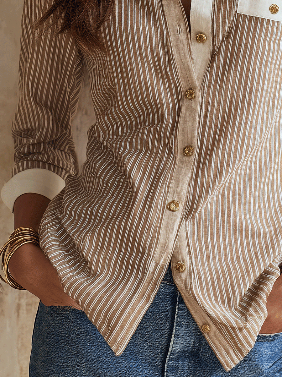Effortless Coastal Elegance Neutral Stripe Cotton Blend Blouse