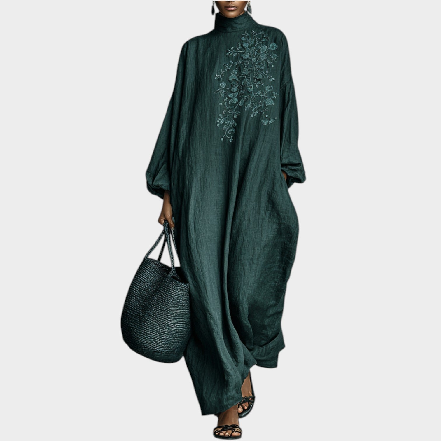 Oversized Embroidered High-Neck Maxi Dress