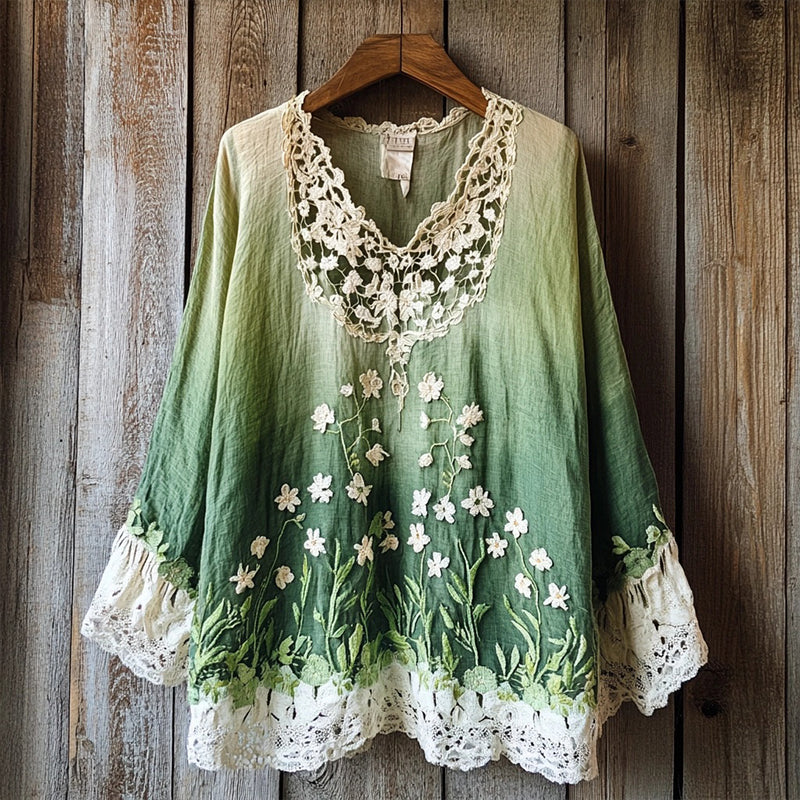Women's Boho Floral Embroidered Lace Patchwork Linen Shirt