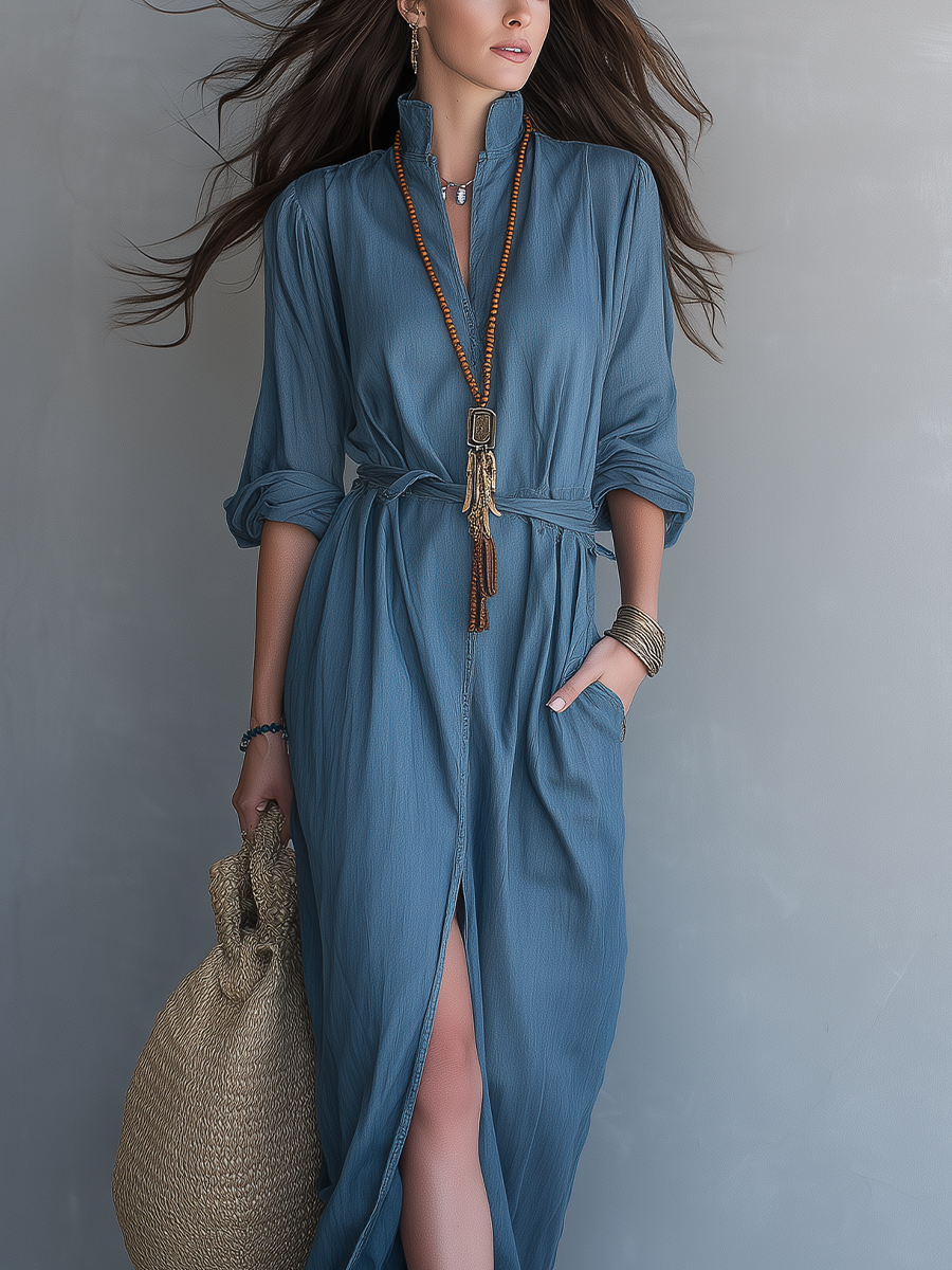 Effortless Resort Blue Button Front Maxi Dress