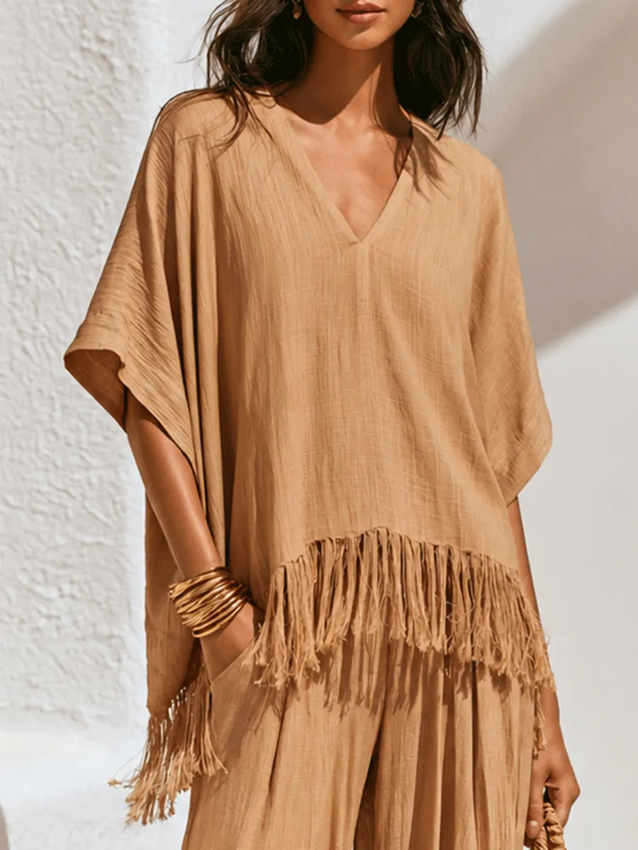 Bohemian Chic Textured Cotton Fringe Kaftan-Top Ginger Palazzo Set