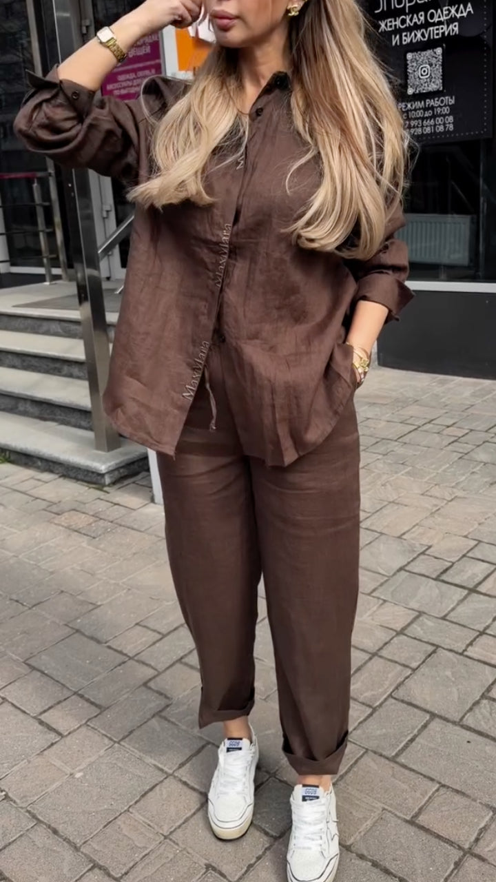 Women's Collared Cotton Linen Casual Suit