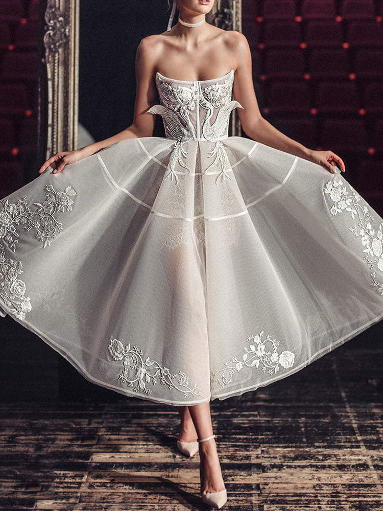 Bohemia Bandeau Backless Embroidered Applique Lace A-Line White Midi Dresses