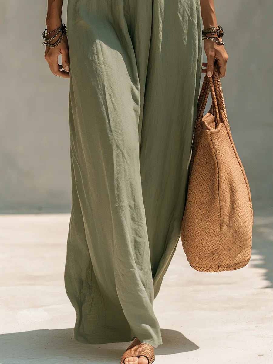 Relaxed Olive Lace-Back Wide-Leg Maxi Dress