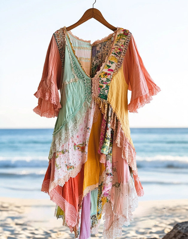 Vintage Summer Print Patchwork Dress 3803