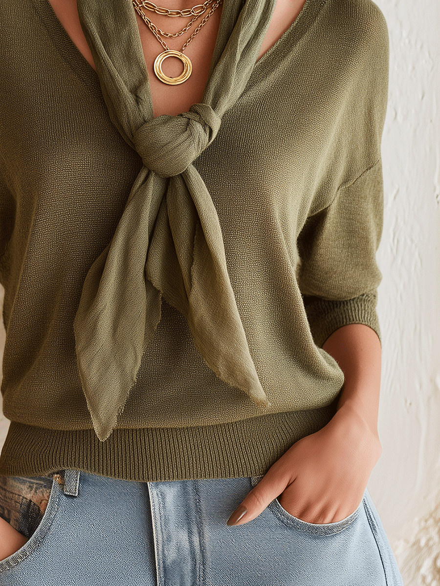 Cozy Autumn Soft-Knit V-Neck Bow-Tie Olive Green Knit Top