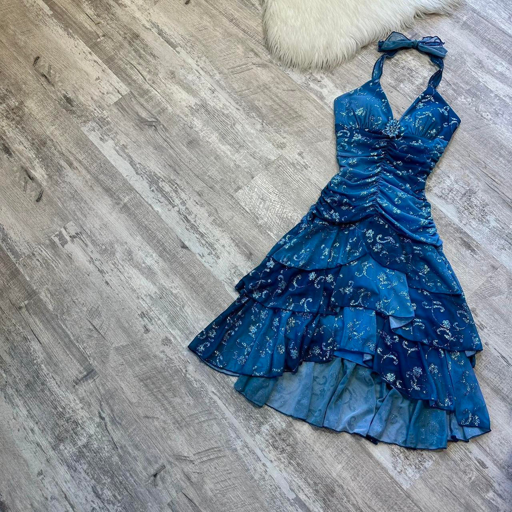 Dark blue homecoming dress Yk mini backless dress with sparkling floral rhinestone ruffles short chiffon ball gown evening gown party dress