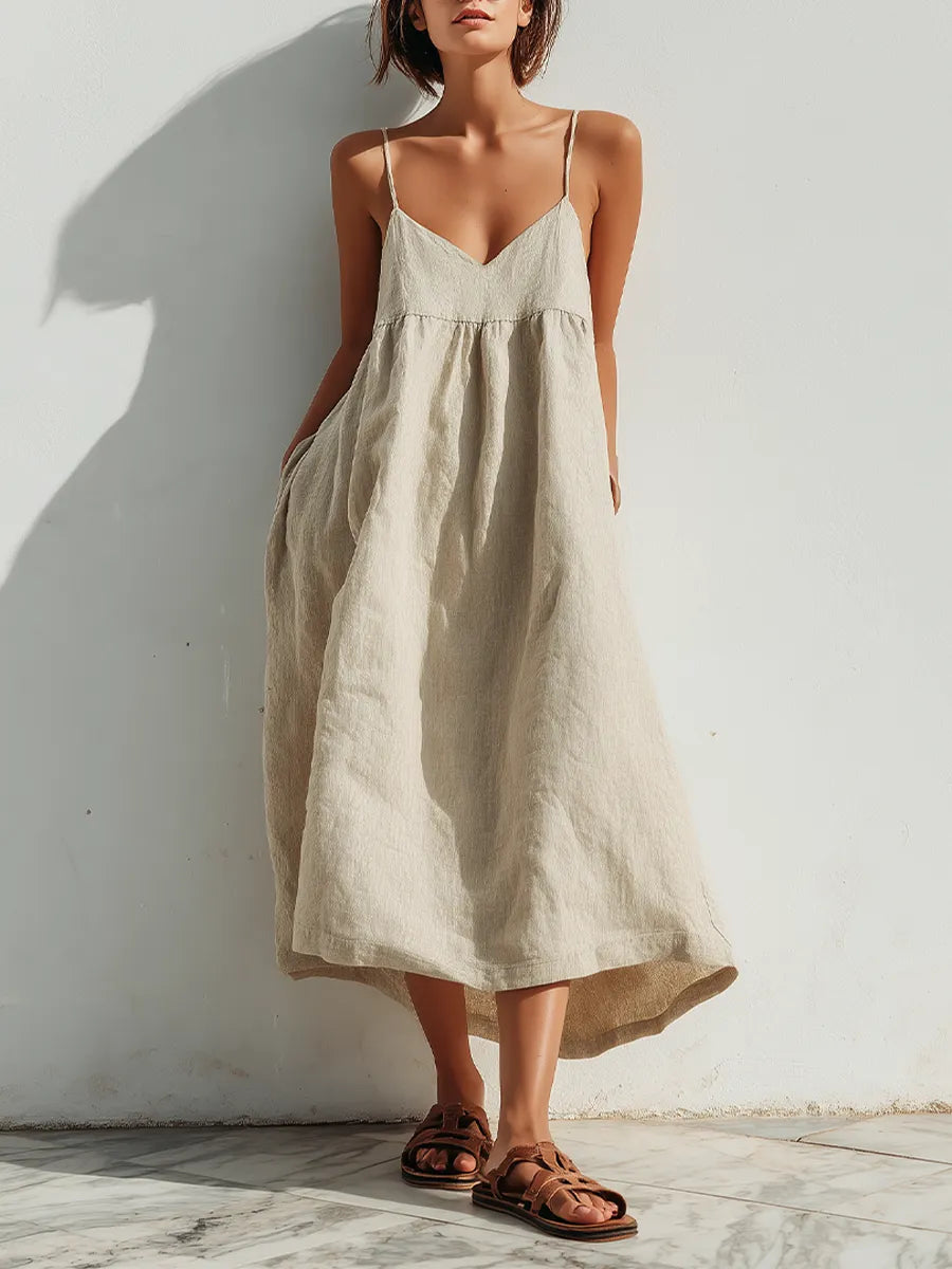 Women's Lightweight Linen Swing Dress With Loose Fit & Asymmetric Hem, Contemporary Effortless-Elegant Style Dress