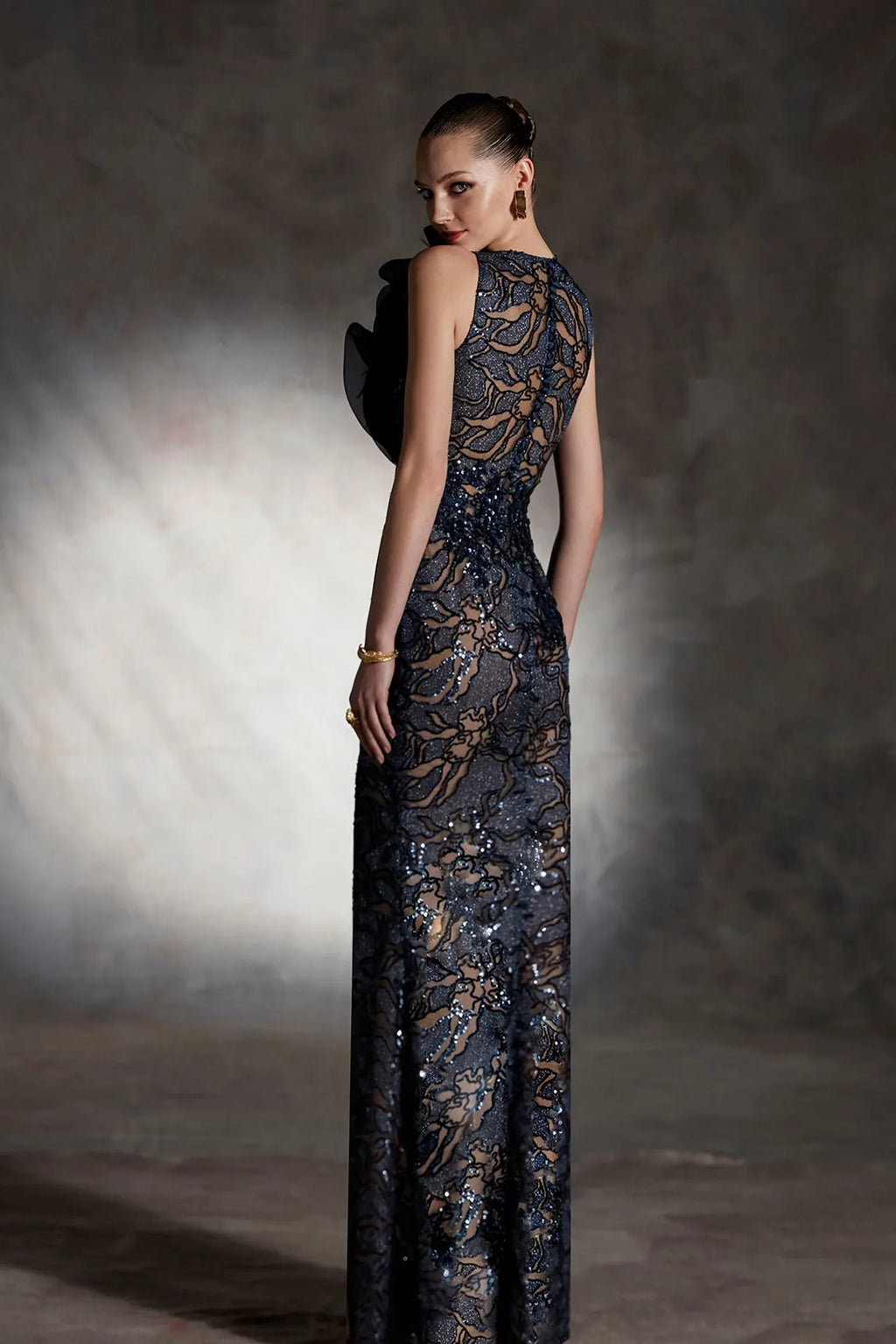 Lace dress paired with detachable overskirt