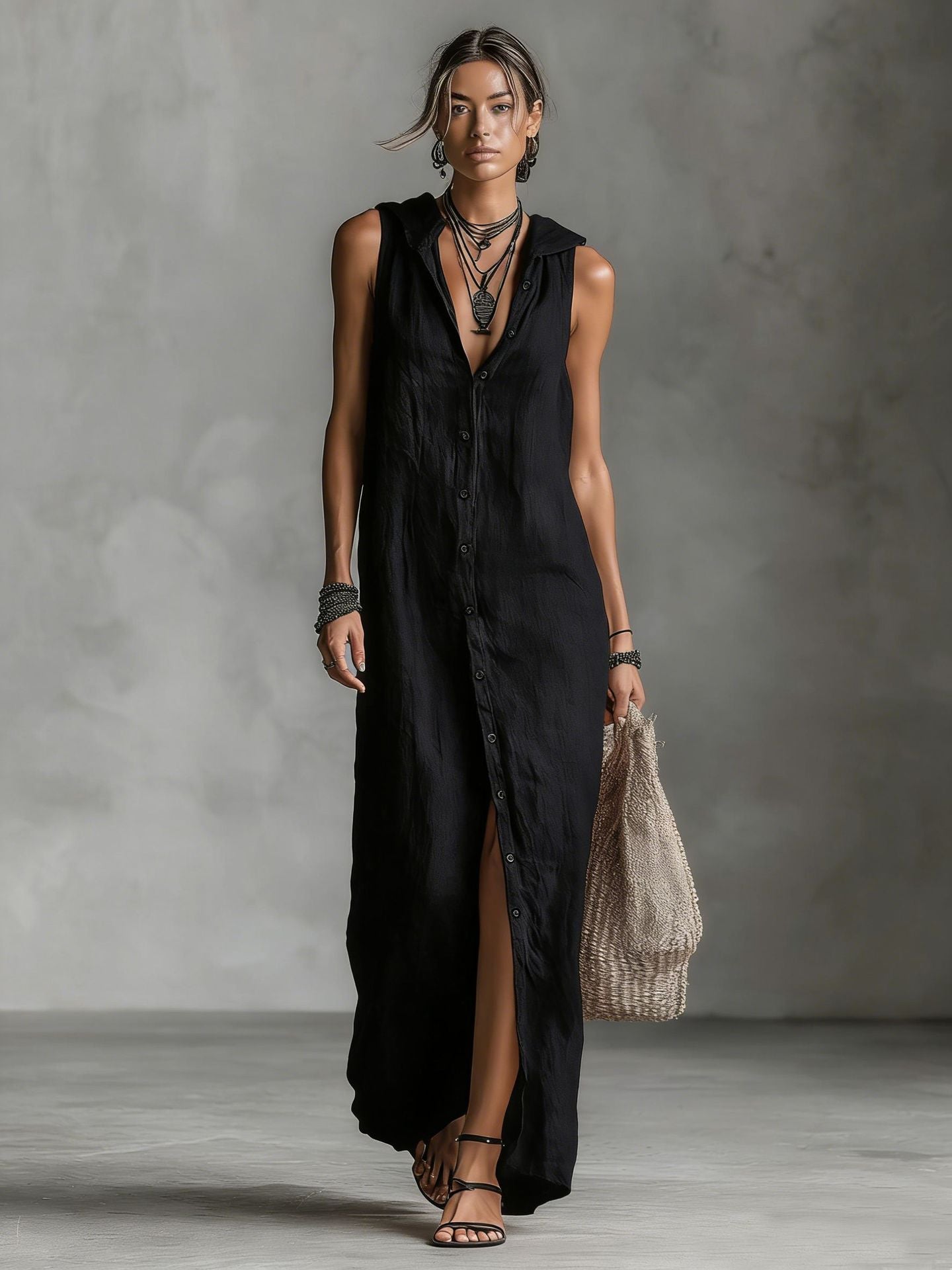 Bohemian Hooded Maxi Shirt Dress - Sleeveless High-Slit Button-Down Summer Vacation Long Dress