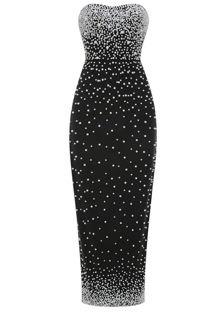 Strapless Pearl Embellished Maxi Dress Black
