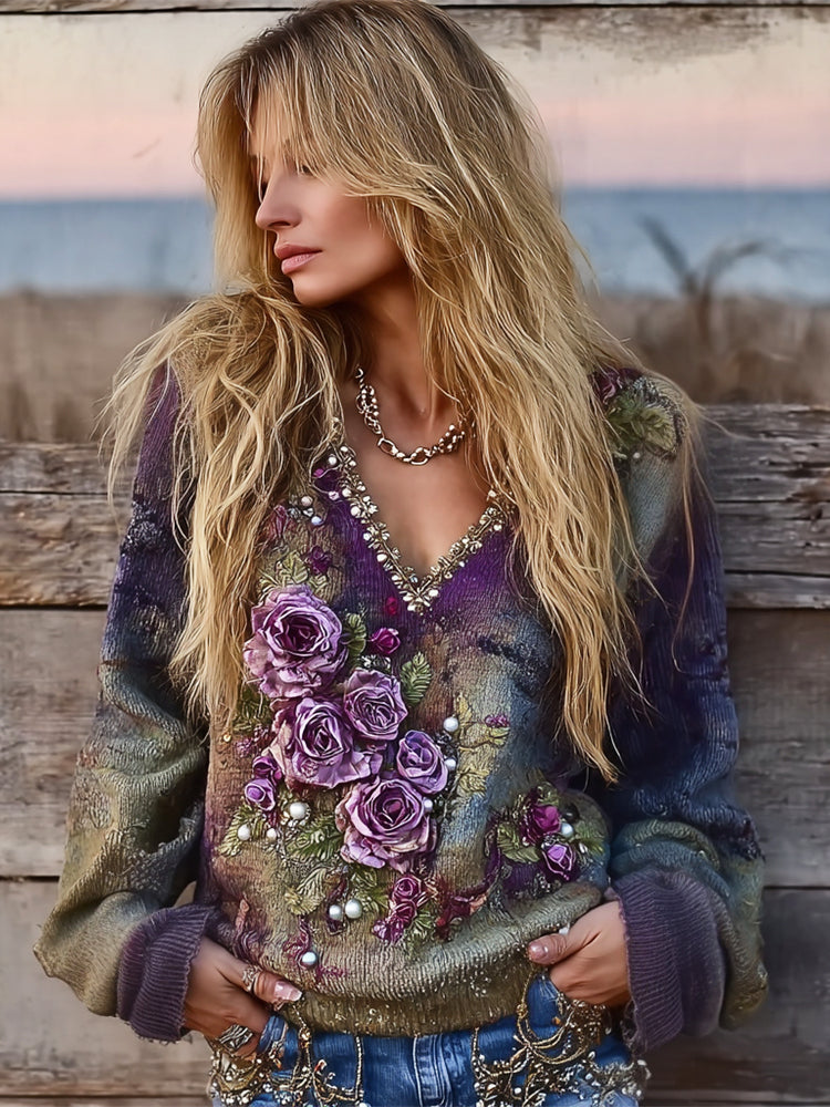 Boho 3d Floral Vintage Tie-dye Women's V-neck Sweater