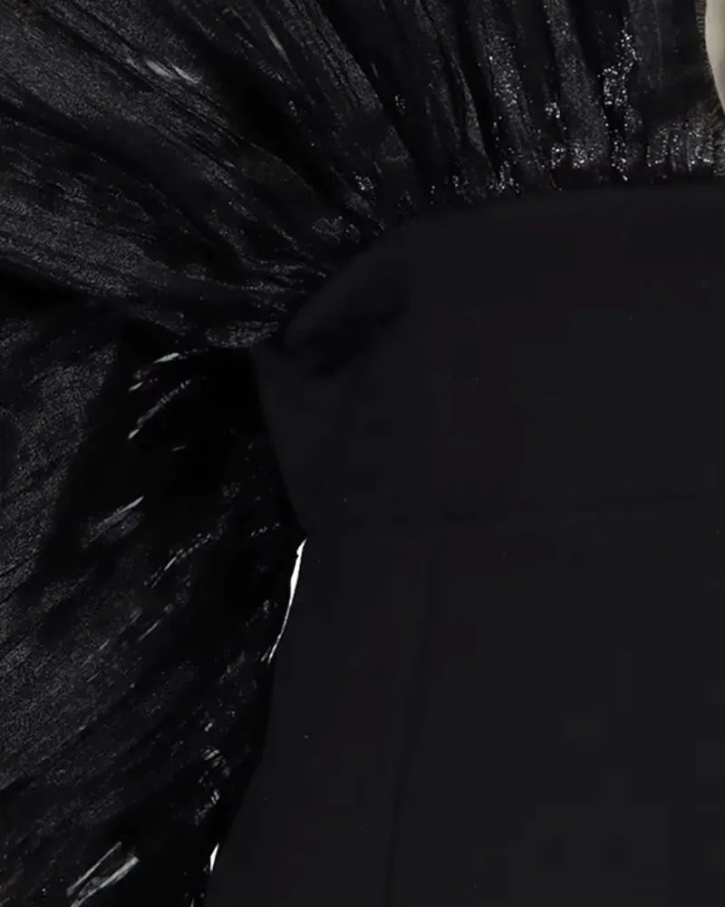 Long Sleeve Pleated Puff Dress Black