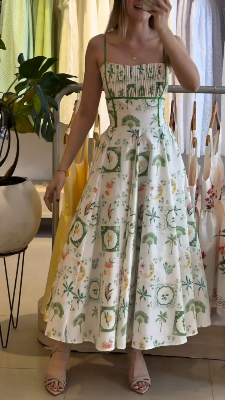 Plant Print Spaghetti Strap Flare Maxi Dress