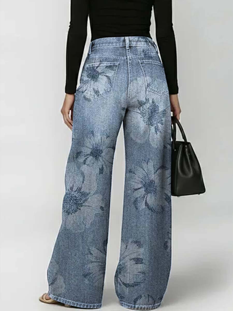 Women's Floral Pattern Art Print Casual Stylish Denim Pants
