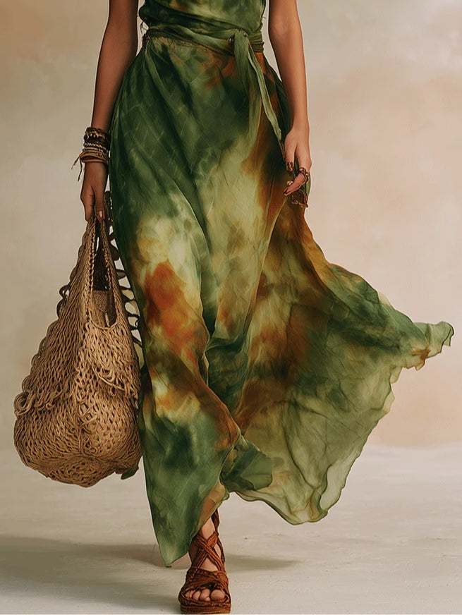 Green Abstract Print Halter Neckline Spaghetti Strap Tie-up Maxi Dress