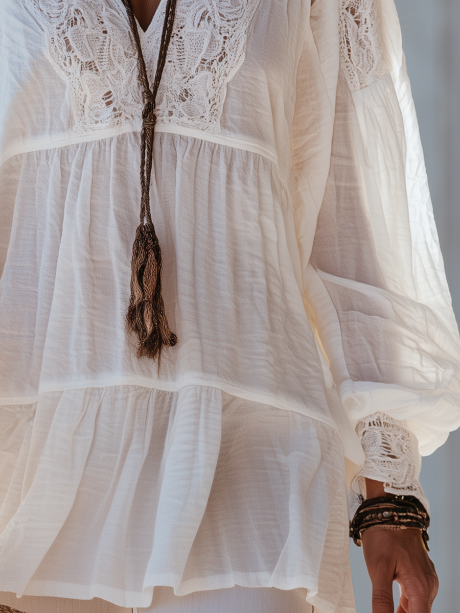 Elegant Ivory Lace Trim Peasant Blouse