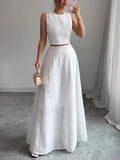 Cropped Embroidered Hollow Solid Color Tank Tops + High Waisted Skirts Bottoms Two Pieces Set