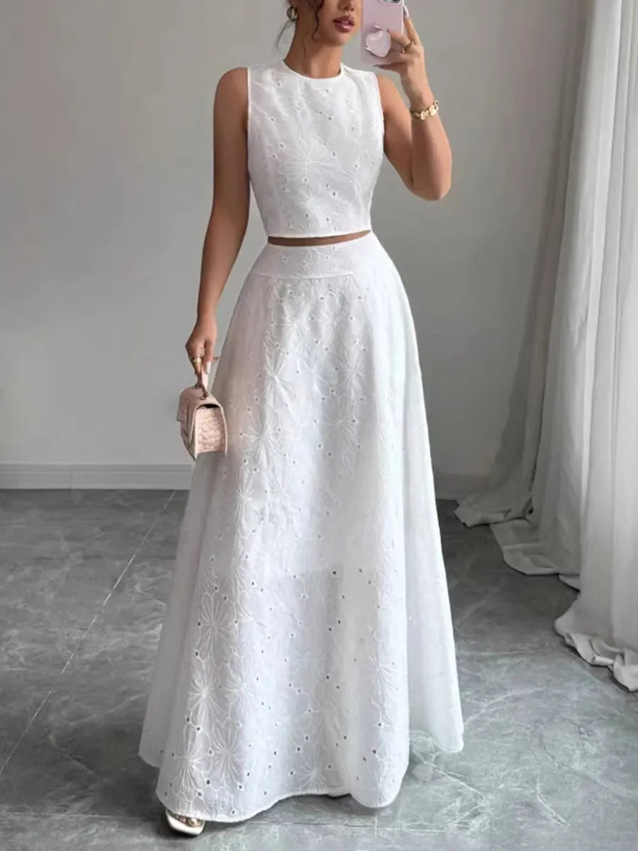 Cropped Embroidered Hollow Solid Color Tank Tops + High Waisted Skirts Bottoms Two Pieces Set