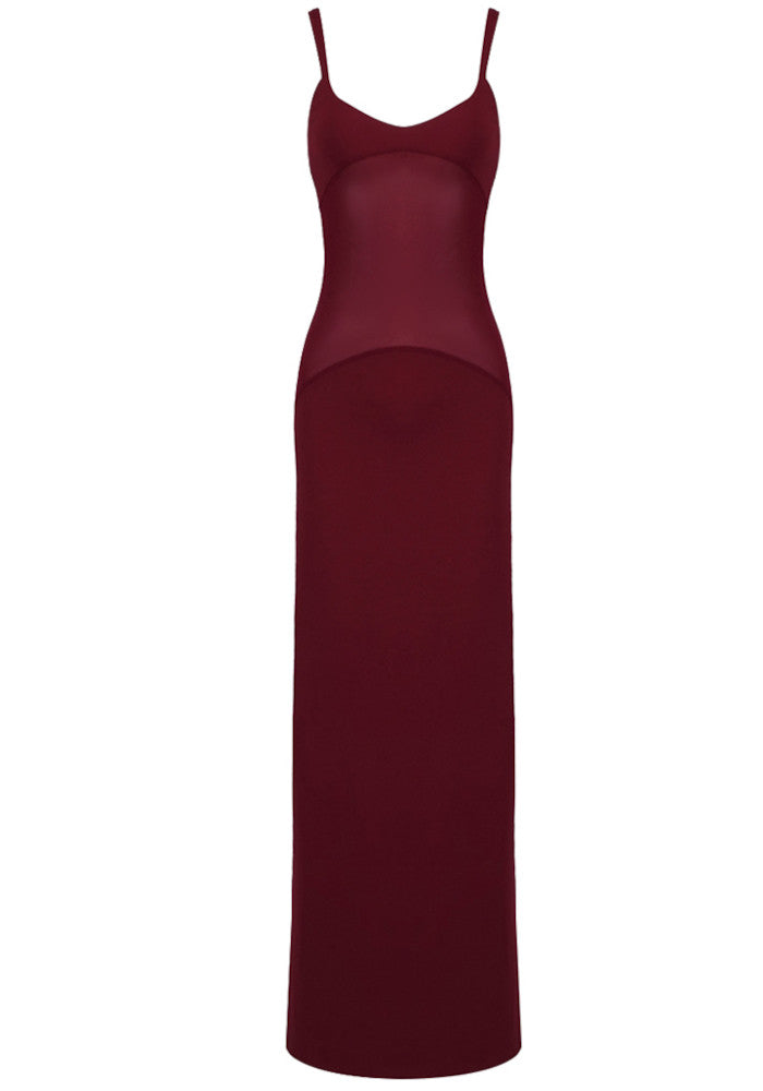 Mesh Insert Maxi Dress Burgundy