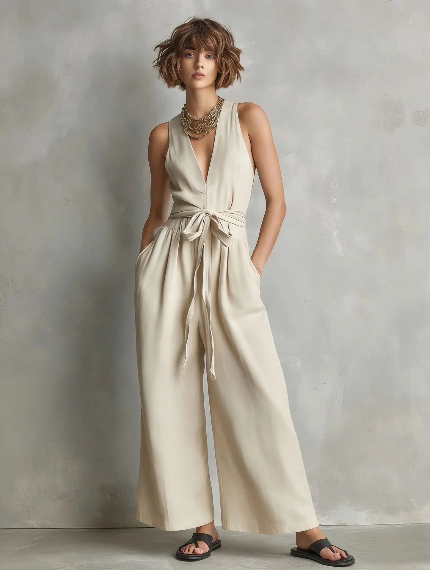 Gurtons Elegant Waist-Knot Jumpsuit - Sleeveless Wide-Leg One-Piece Quiet Luxury Set