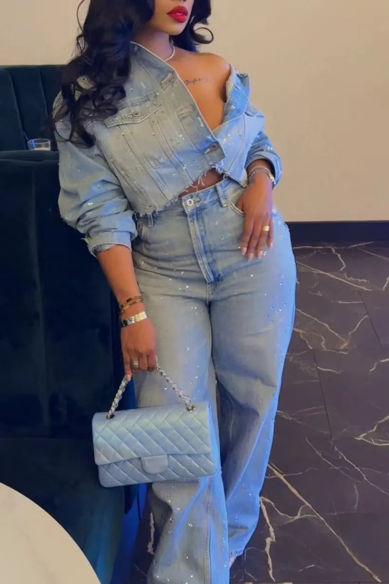 Light Blue Rhinestone Denim Co-Ord Set