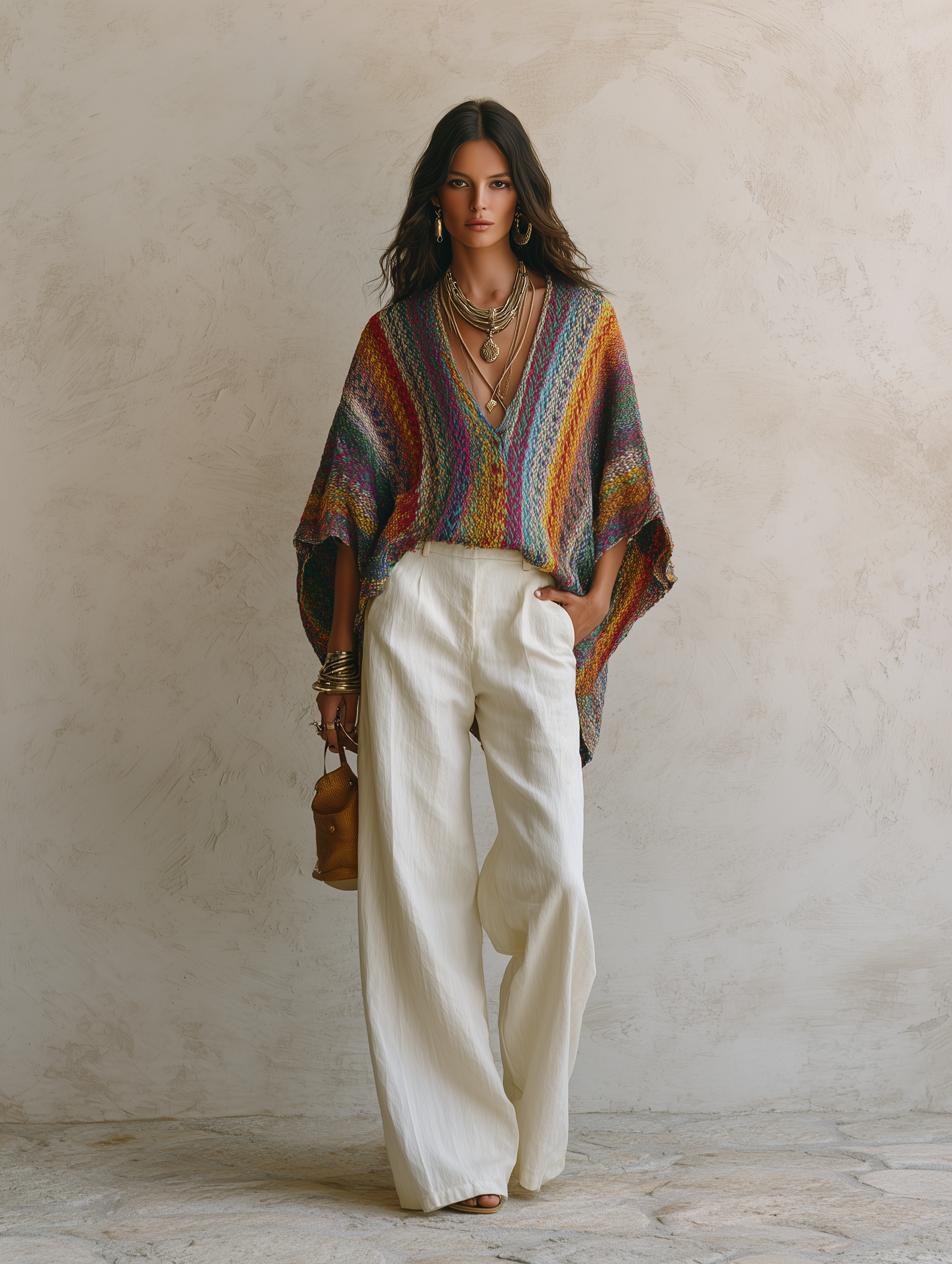Coastal Boho Hand-Knit Multicolor Batwing Oversized Colorful Knit Top