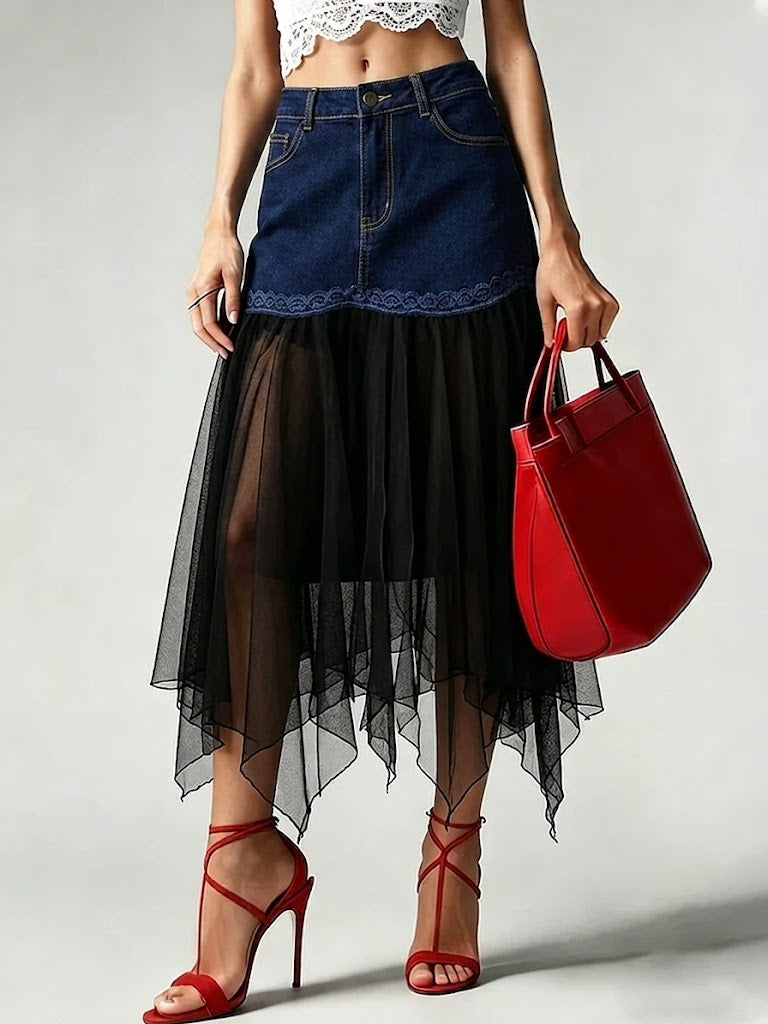 Stylish Casual Spliced mesh Denim Skirt