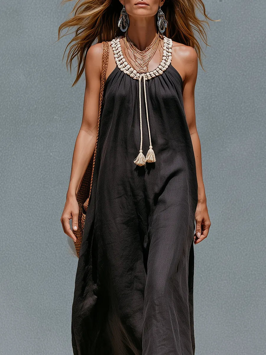 Resort Style Dark Brown Linen Tassel Maxi Dress