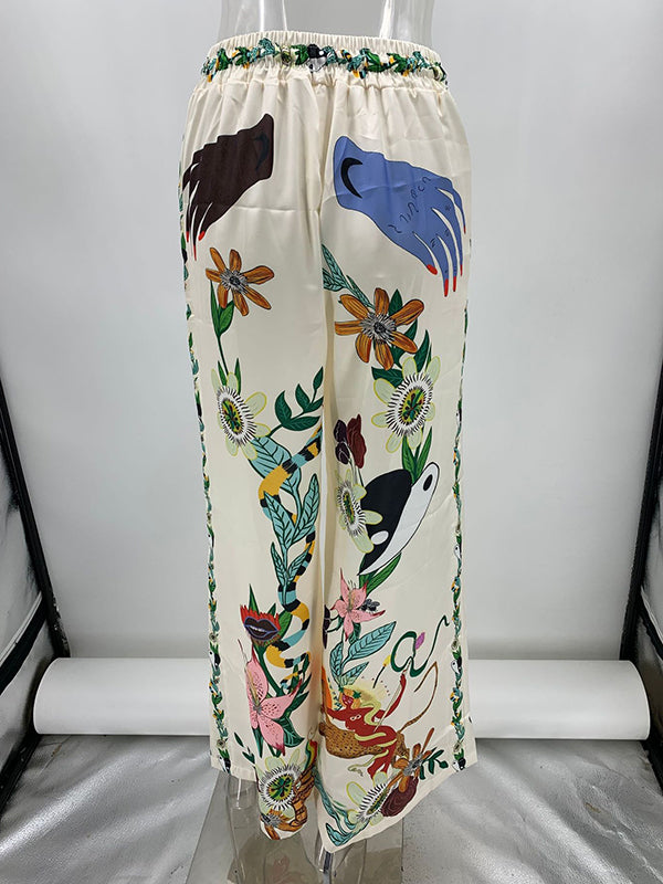 Buttoned Drawstring Elasticity Flower Print Pockets Half Sleeves Loose Lapel Two Pieces Set Pants Set