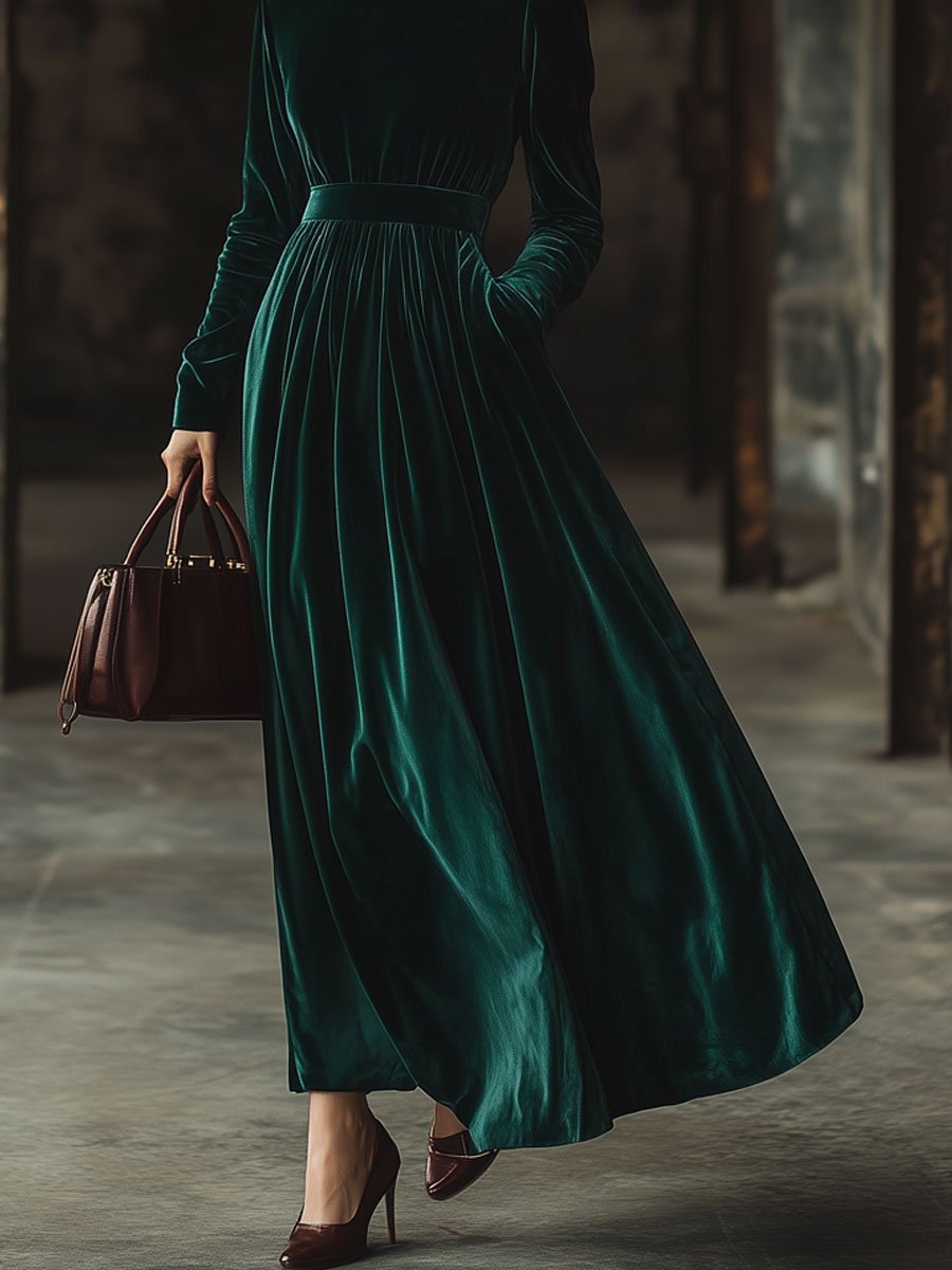 [24-hour shipping out]Stand Collar Loose Party Pocket Solid Velvet Long Sleeve Maxi Dress