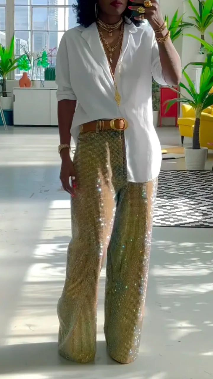 White Shirt Gold Rhinestone Wide Leg Pants Set