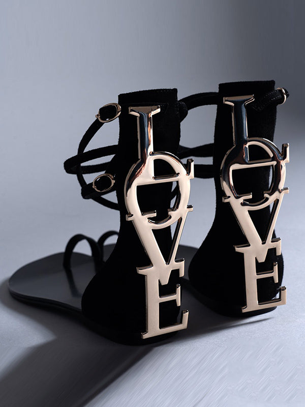 Metal Letters Split-Joint Bandage Open Toe Sandals