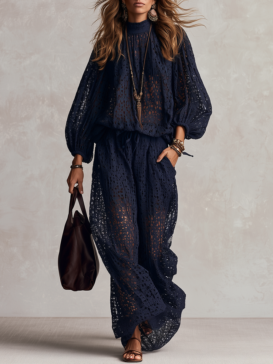Bohemian Midnight Blue Hollow-Out Top And Pants Set