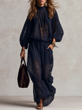 Bohemian Midnight Blue Hollow-Out Top And Pants Set