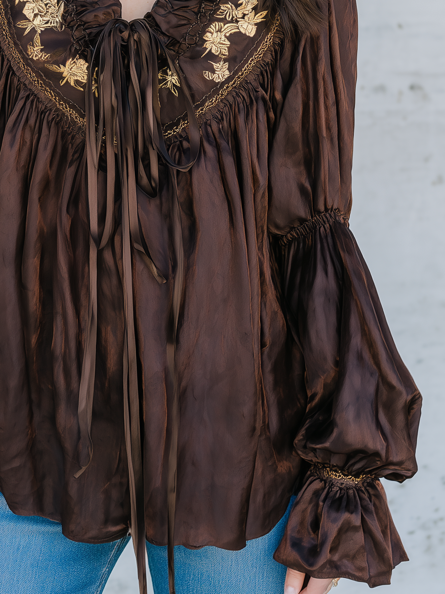 Romantic Dark Brown Embroidered Ruffle Blouse