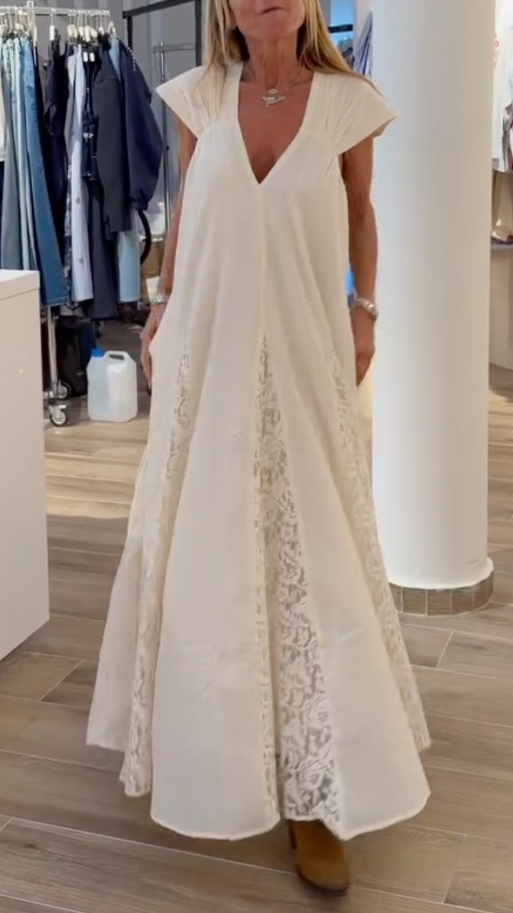 White Lace  V Neck Panel Maxi Dress