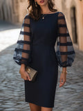 Elegant Navy Sheer-Stripe Puff-Sleeve Bodycon Midi Dress