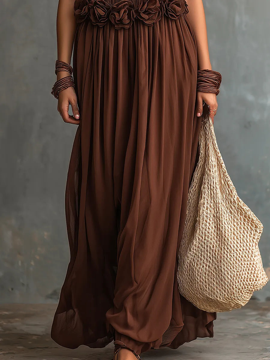 Bohemian Chocolate Brown Ruffle Smocked Waist Maxi Dress