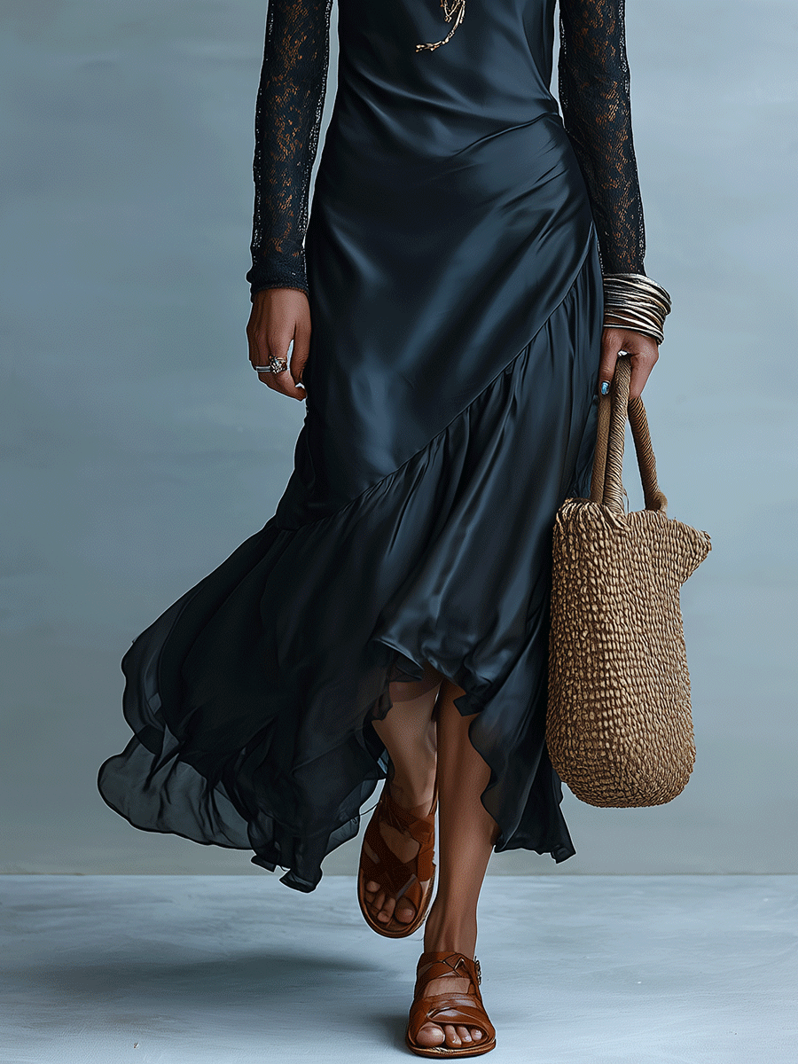 Elegant Vacation Noir Lace Detail Asymmetrical Hem Midi Dress