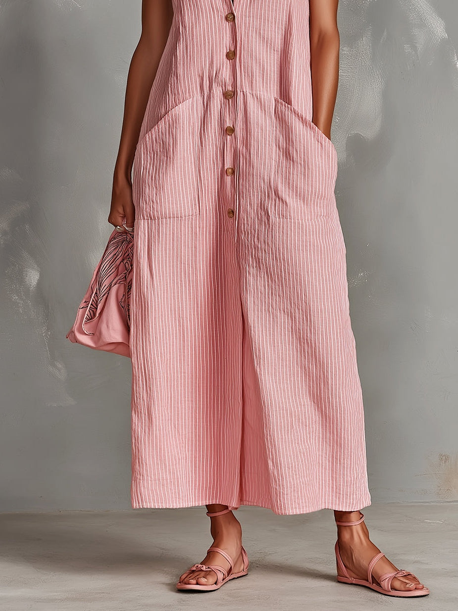 Pink White Striped V-neck Sleeveless Single-breasted Patch Pocket Maxi Dress
