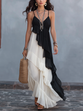 Refined Black & White Asymmetric Ruffle Maxi Dress