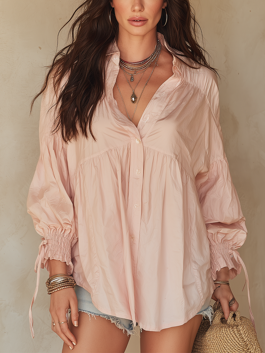 Relaxed Blush Gathered Button-Up Blouse
