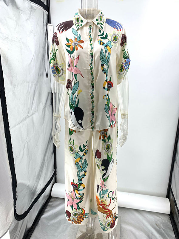 Buttoned Drawstring Elasticity Flower Print Pockets Half Sleeves Loose Lapel Two Pieces Set Pants Set