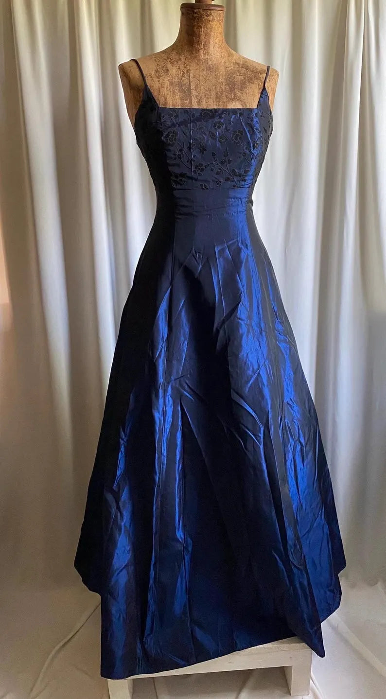 Royal Blue Metallic Y2K Vintage Empire Waist Floral Gothic Fantasy Fairycore Special Occasion Maxi Dress