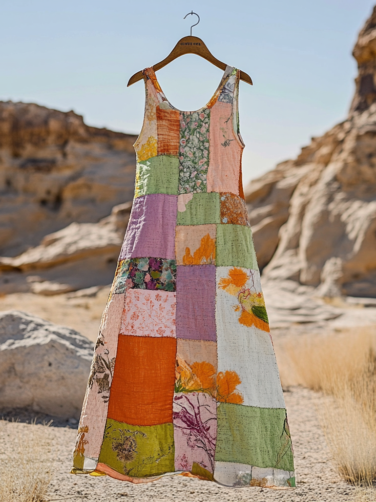 Women's Vintage Bohemian Floral Patch Cotton And Linen Dress