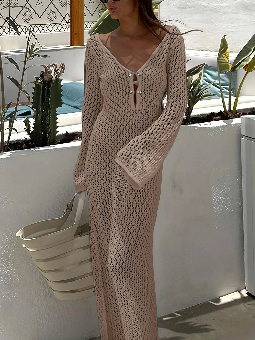 Serenah Crochet Knit Beach Dress – Long Sleeve V-Neck Holiday Cover Up Maxi Dress for Women