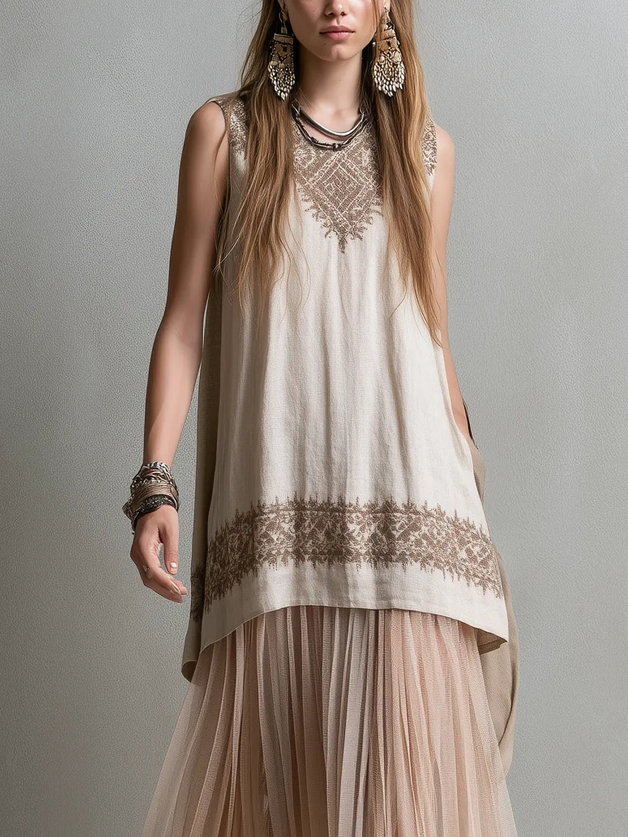 Bohemian Light Pink Floral Print Top And Lightweight Mesh Skirt Set